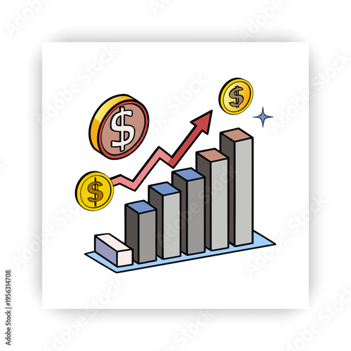 Line isometric 
illustration of pile of dollar coins at the growth graph and increasing arrow. 
The business increase, money, income growth, profit, gain design set