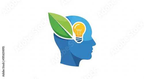 Blue human head with green leaf and lightbulb symbolizing eco friendly ideas and innovation in a creative mind