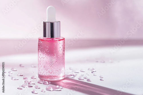 Pink serum cosmetic dropper bottle with transparent liquid and bubbles on glossy surface background. Modern skincare and beauty treatment product for hydration and wellness concepts.