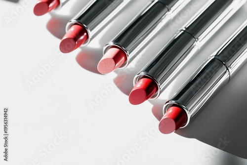 Lipstick assortment in shiny silver tubes features range of red shades on white background. Glamorous makeup beauty product for feminine style and elegance.