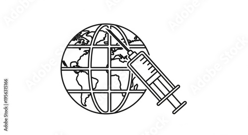 Vaccine injection on global earth map icon symbolizing worldwide health and medical care concept