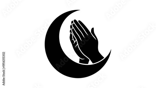 A minimalist vector graphic of praying hands in a crescent moon silhouette