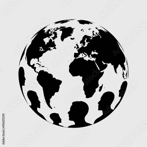 A black and white vector graphic illustration of a globe with human silhouettes