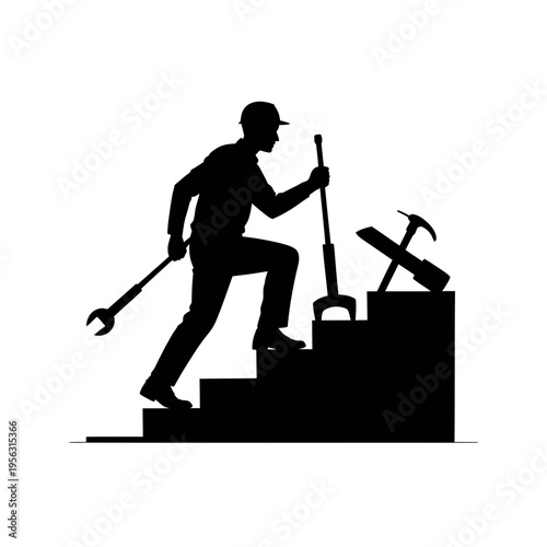 A construction worker climbing stairs with tools in hand, symbolizing progress and hard work