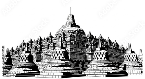 Detailed Black and White Illustration of the Borobudur Temple.