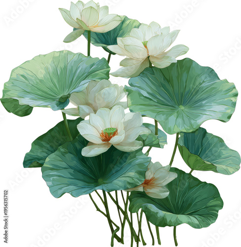 Serene white lotus flowers and lush green leaves evoke tranquility and purity