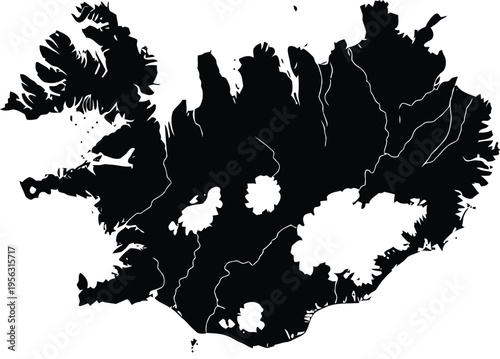Black silhouette map of iceland with a textured edge on a plain white background.