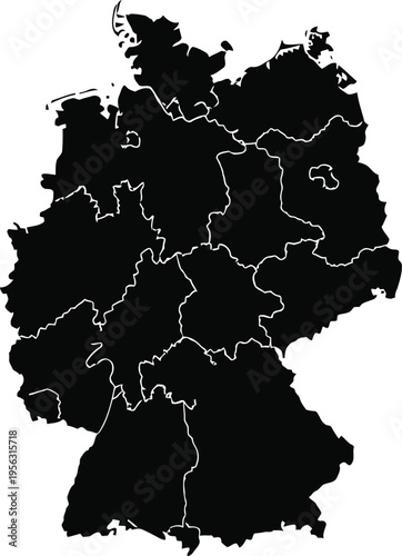Black silhouette map of germany showing the borders of its federal states on a white background.