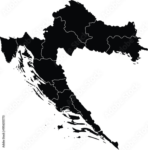Detailed black and white map of croatia with administrative borders and coastal regions.