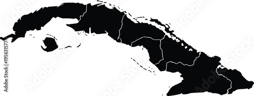 Black silhouette map of cuba with white internal province borders isolated on white background.
