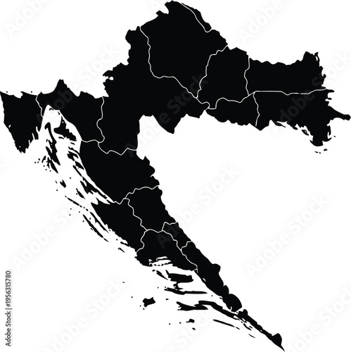 Black silhouette map of croatia with white internal administrative borders on a white background
