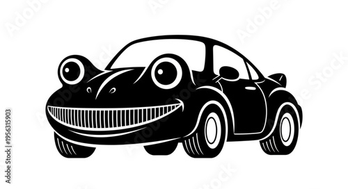 Cartoon Car with Googly Eyes and a Wide Grinning Mouth.