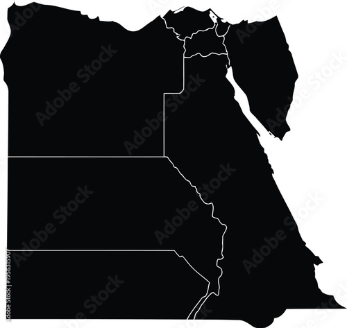 Black silhouette map of egypt with white administrative boundaries on a white background