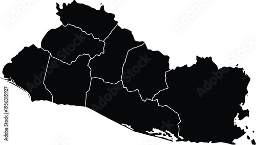 Black silhouette map of el salvador featuring white dashed lines for administrative divisions.