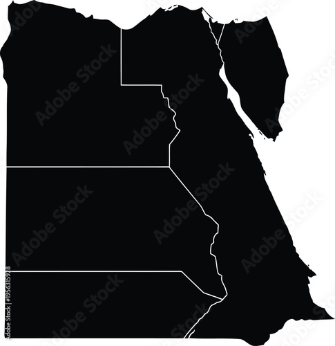 Black silhouette map of egypt with white administrative borders on a plain white background