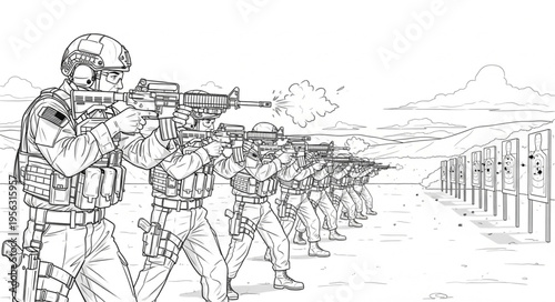 Line of Soldiers Aiming Rifles in a Military Training Exercise.
