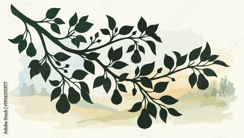 Silhouette Pear Tree Branch with Fruit & Leaves Watercolor Background for Design