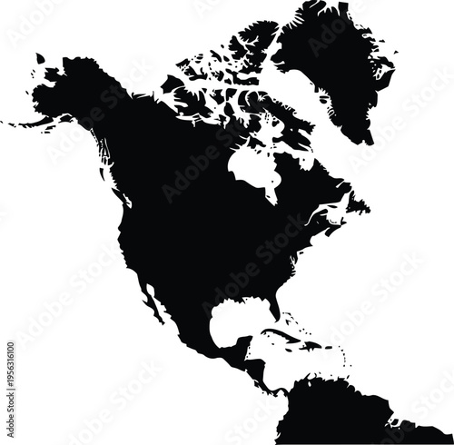 Black silhouette of the north and south american continents on a white background.