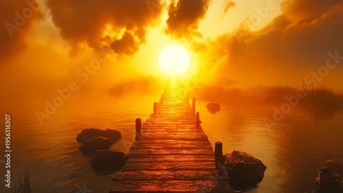 An epic sunrise over a wooden pier tells an inspirational story, creating a serene and peaceful nature background