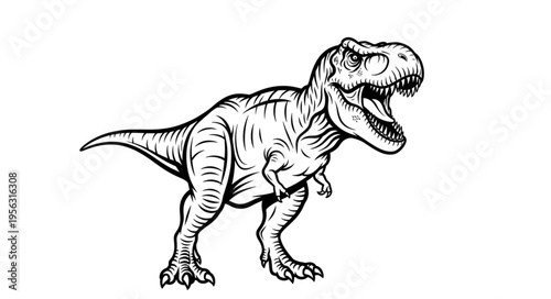Detailed Line Art of a Tyrannosaurus Rex with Open Mouth.