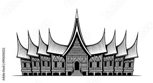 Detailed Black and White Illustration of a Traditional Minangkabau House.