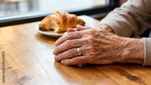 Waiting with Anticipation: Captured here, a still life evokes quiet reflection; weathered hands rest gently on a warm wooden table next to a half-eaten golden croissant, ready to be enjoyed.