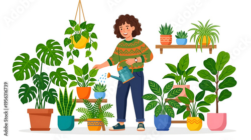 Happy Woman Tending to Her Diverse Collection of Indoor Houseplants with a Watering Can, Creating a Lush and Vibrant Home Garden Environment, Embracing a Relaxing Green Lifestyle Hobby
