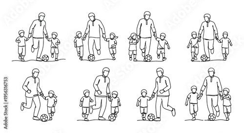 Line art illustration of families walking with children and soccer balls