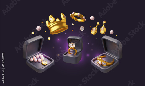 Golden ring, bracelet and pearl necklace with diamonds in gift box 3D vector set, packages with luxury jewelry accessory