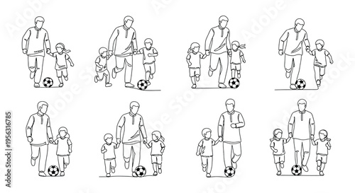 Line art illustration of families walking with children and soccer balls
