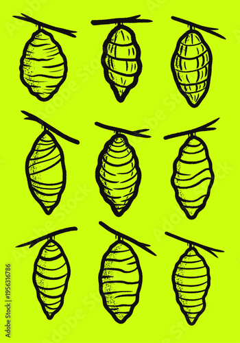 Grungy hand-drawn black vector illustration of nine silkworm cocoons or butterfly chrysalises hanging from branches on a vibrant lime green background