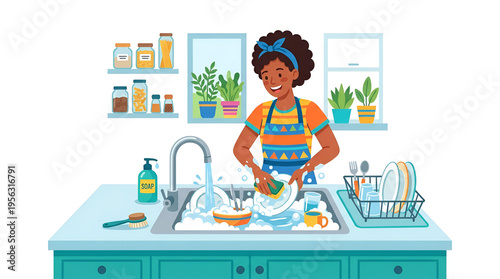 Woman doing dishes in the kitchen, cleaning plates and kitchenware with soap and water
