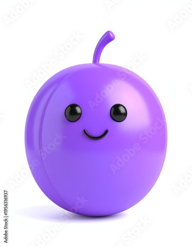 Cute Purple Plum Character with Smiling Face and Stem.
