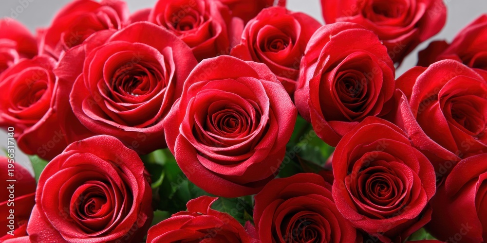 Fototapeta premium Close-up of a lush bouquet of vibrant red roses with delicate water droplets