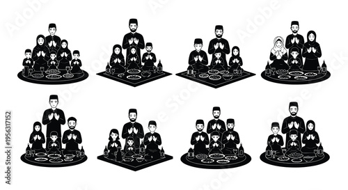 Diverse muslim families engaged in prayer shown in a black silhouette style