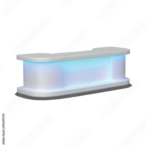 Service desk realistic vector 3D mockup, promotional table counter, presentation reception curved table led illumination