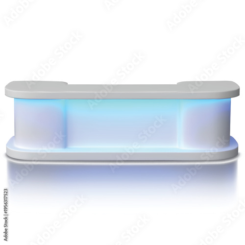 Service desk vector 3D mockup, promotional table counter presentation reception curved table led illumination front view