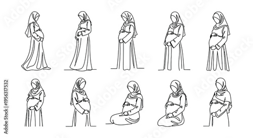 Line art illustration of pregnant women wearing hijabs in various poses