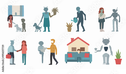 Robots helping people in everyday life flat vector illustration set