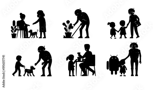 Futuristic robots with children and adults technology vector set