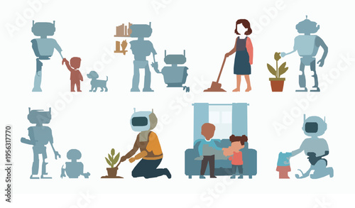 Friendly robot assistants everyday life flat vector technology set