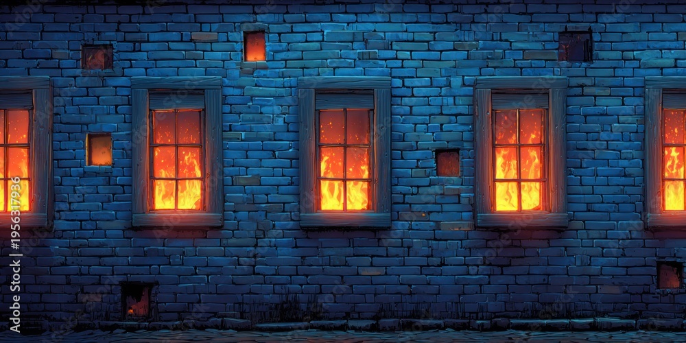 Fototapeta premium Cozy windows glowing with warm firelight on a dark brick building facade
