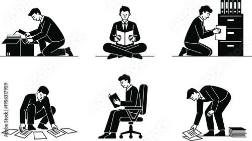 Businessman working with papers in various poses and settings office reading