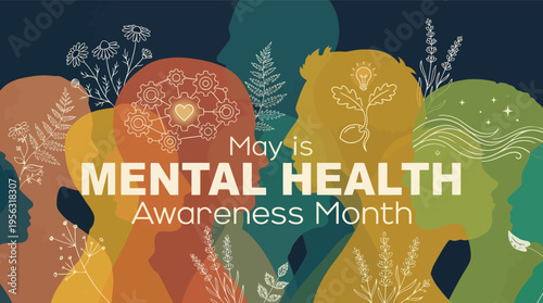 May is mental health awareness month illustration with overlapping diverse human head profiles, mechanical gears with heart, and botanical nature elements for psychology concept.