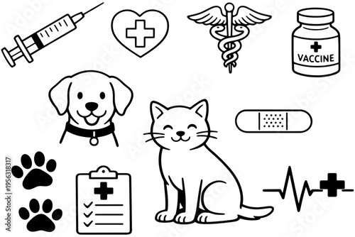 Vet Clinic Line Icons Dog Cat Injection and Medical Tools