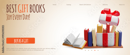 Stack of books row with gift box on the shelf, best gift books shop 3D style vector landing page advertising design