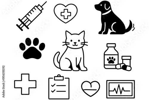 Veterinary Medical Icons Outline Dog Cat and Vaccine