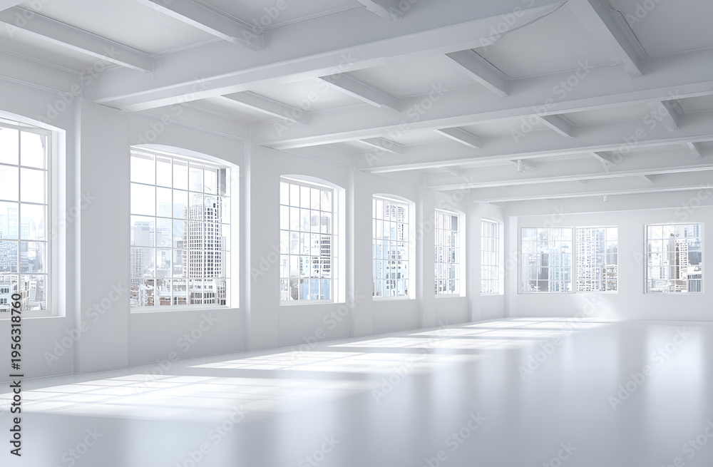 Fototapeta premium A bright, spacious interior with numerous tall windows offering city views, bathed in natural light, with beams across the ceiling