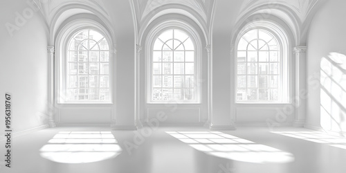 A bright, white room with three arched windows. Sunlight streams in, casting shadows on the floor. Architectural details are emphasized