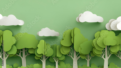 A charming, paper-cut style scene depicting a forest with fluffy clouds against a light green backdrop. Trees are lush